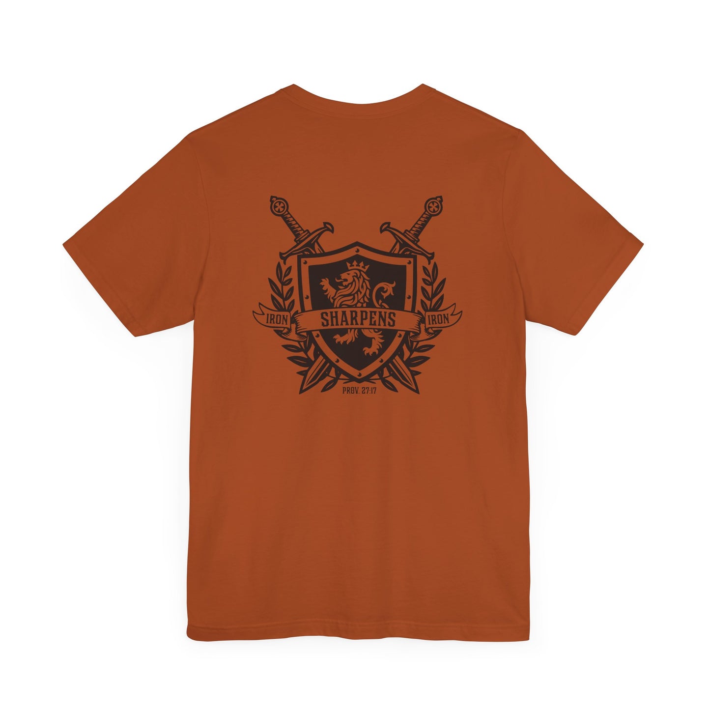 Iron Sharpens Iron Shirt T-Shirt Autumn Orange Proverbs 27:17 Christian Sword Shield Lion