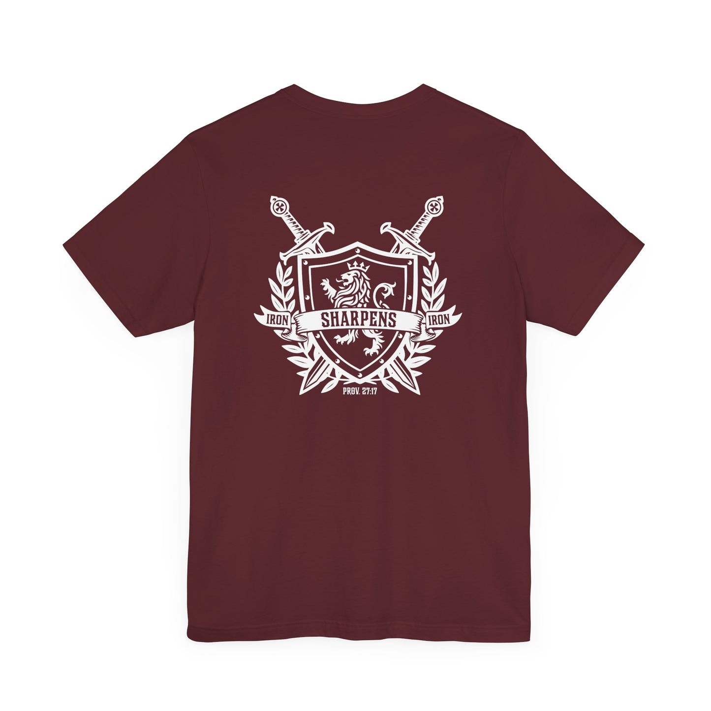 Iron Sharpens Iron Shirt T-Shirt Maroon Proverbs 27:17 Christian Sword Shield Lion