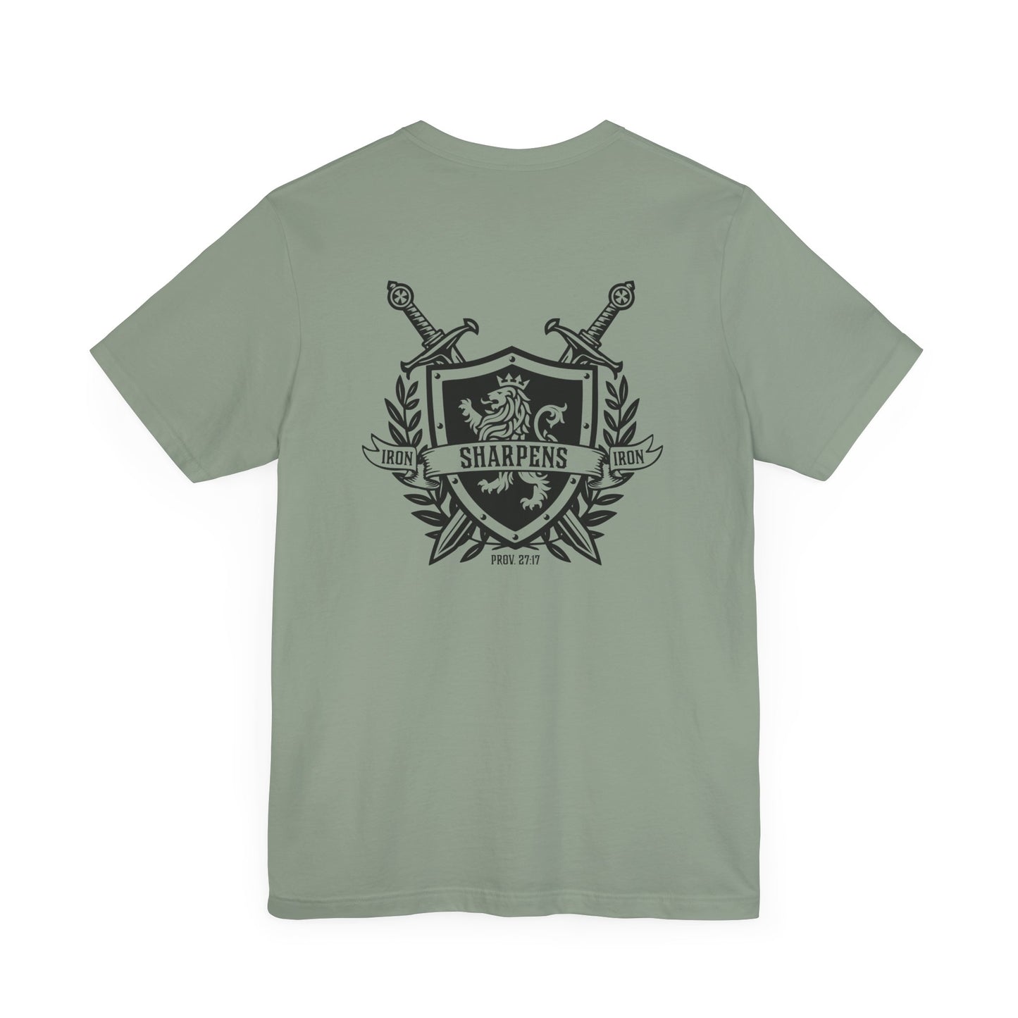 Iron Sharpens Iron Shirt T-Shirt Sage Green Proverbs 27:17 Christian Sword Shield Lion