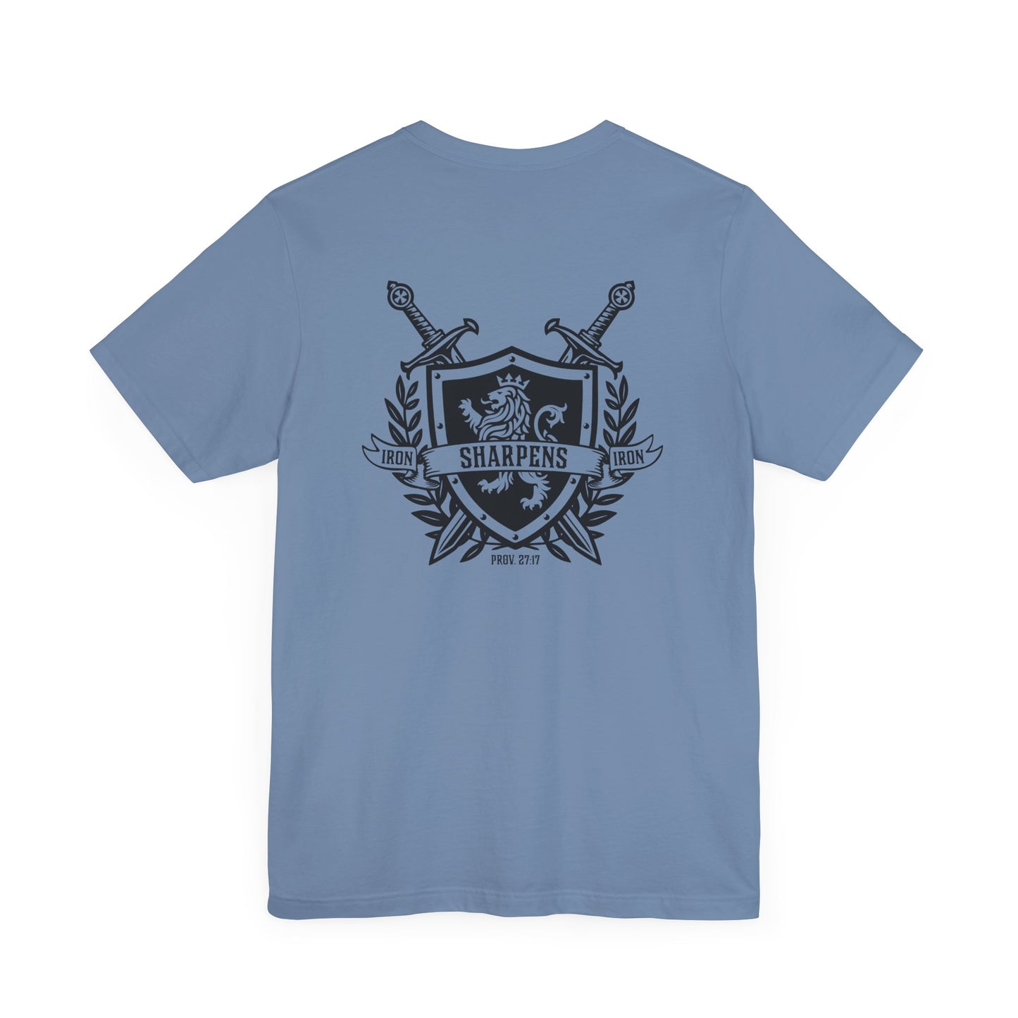 Iron Sharpens Iron Shirt T-Shirt Steel Blue Proverbs 27:17 Christian Sword Shield Lion