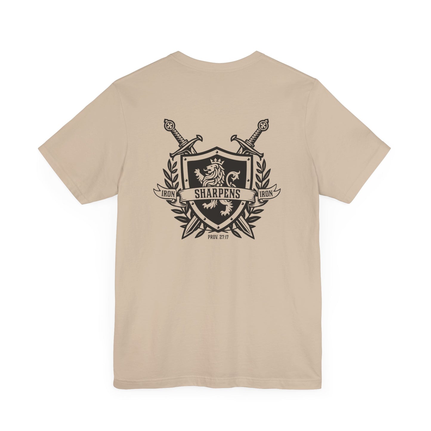 Iron Sharpens Iron Shirt T-Shirt Tan Proverbs 27:17 Christian Sword Shield Lion