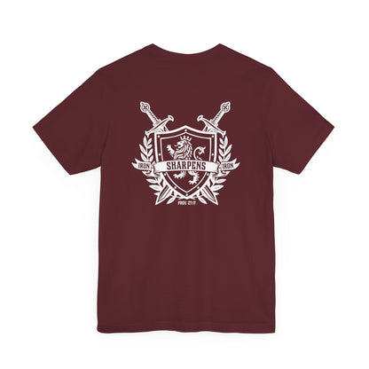 Iron Sharpens Iron Shirt T-Shirt Maroon Proverbs 27:17 Christian Sword Shield Lion