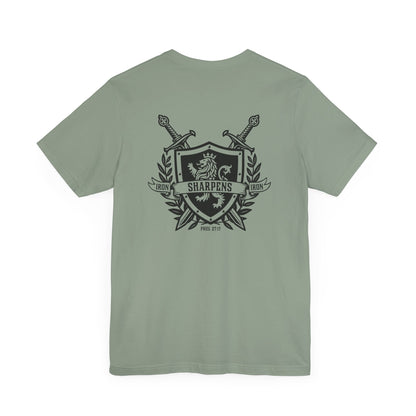 Iron Sharpens Iron Shirt T-Shirt Sage Green Proverbs 27:17 Christian Sword Shield Lion