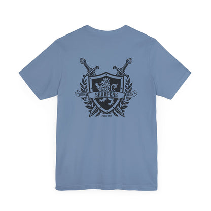 Iron Sharpens Iron Shirt T-Shirt Steel Blue Proverbs 27:17 Christian Sword Shield Lion