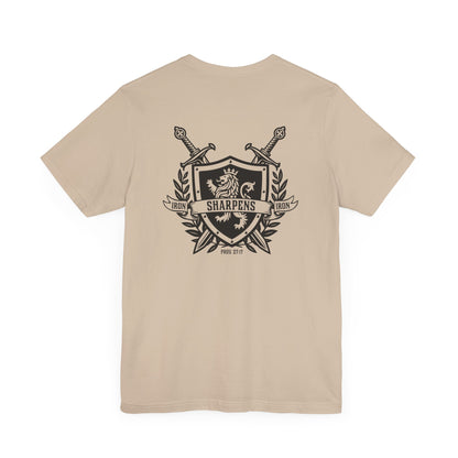 Iron Sharpens Iron Shirt T-Shirt Tan Proverbs 27:17 Christian Sword Shield Lion