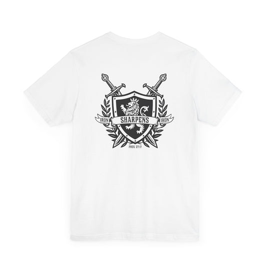 Iron Sharpens Iron Shirt T-Shirt White Proverbs 27:17 Christian Sword Shield Lion